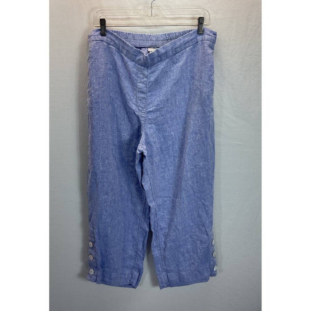 Chicos Blue Linen Pants Button Hem Crop Pull On Beach Resort Sz 2.5 (14) Travel